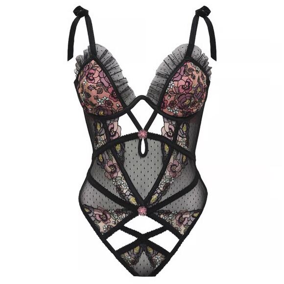 For Love & Lemons Clara Floral Embroidered Cutout Ruffle Black Bodysuit Size XXS - Picture 3 of 9